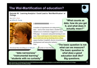 The Wal-Martification of education?


                                                                                                       “What counts as
                                                                                                    data, how do you get
                                                                                                     it, and what does it
                                                                                                       actually mean?”




                                                                                         “The basic question is not
                                                                                          what can we measure?
                                                                                           The basic question is
        “data narrowness”                                                                    what does a good
     “instrumental learning”                                                                education look like?
   “students with no curiosity”                                                               Big questions.
http://chronicle.com/blogs/techtherapy/2012/05/02/episode-95-learning-analytics-could-lead-to-wal-martification-of-college   55
http://lak12.wikispaces.com/Recordings
 