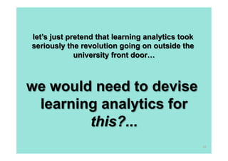 let’s just pretend that learning analytics took
seriously the revolution going on outside the
             university front door…



we would need to devise
 learning analytics for
        this?...
                                                  58
 