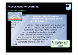 Assessment for Learning
http://assessment-reform-group.org




                                     Do analytics provide
                                      constructive next
                                           steps?

                                                            71
 