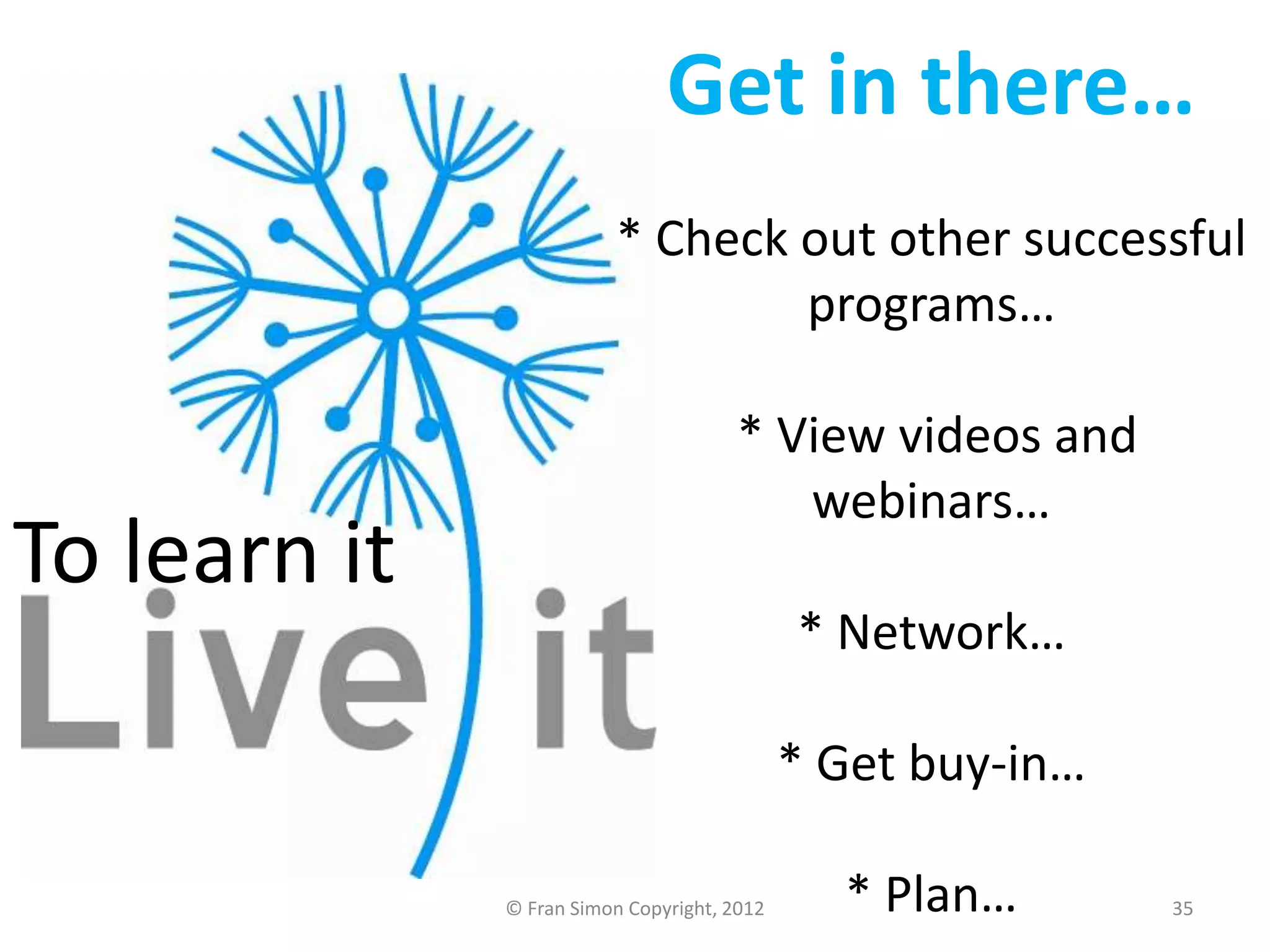 Get in there…
* Check out other successful
programs…

To learn it

* View videos and
webinars…
* Network…

* Get buy-in…
© Fran Simon Copyright, 2012

* Plan…

35

 