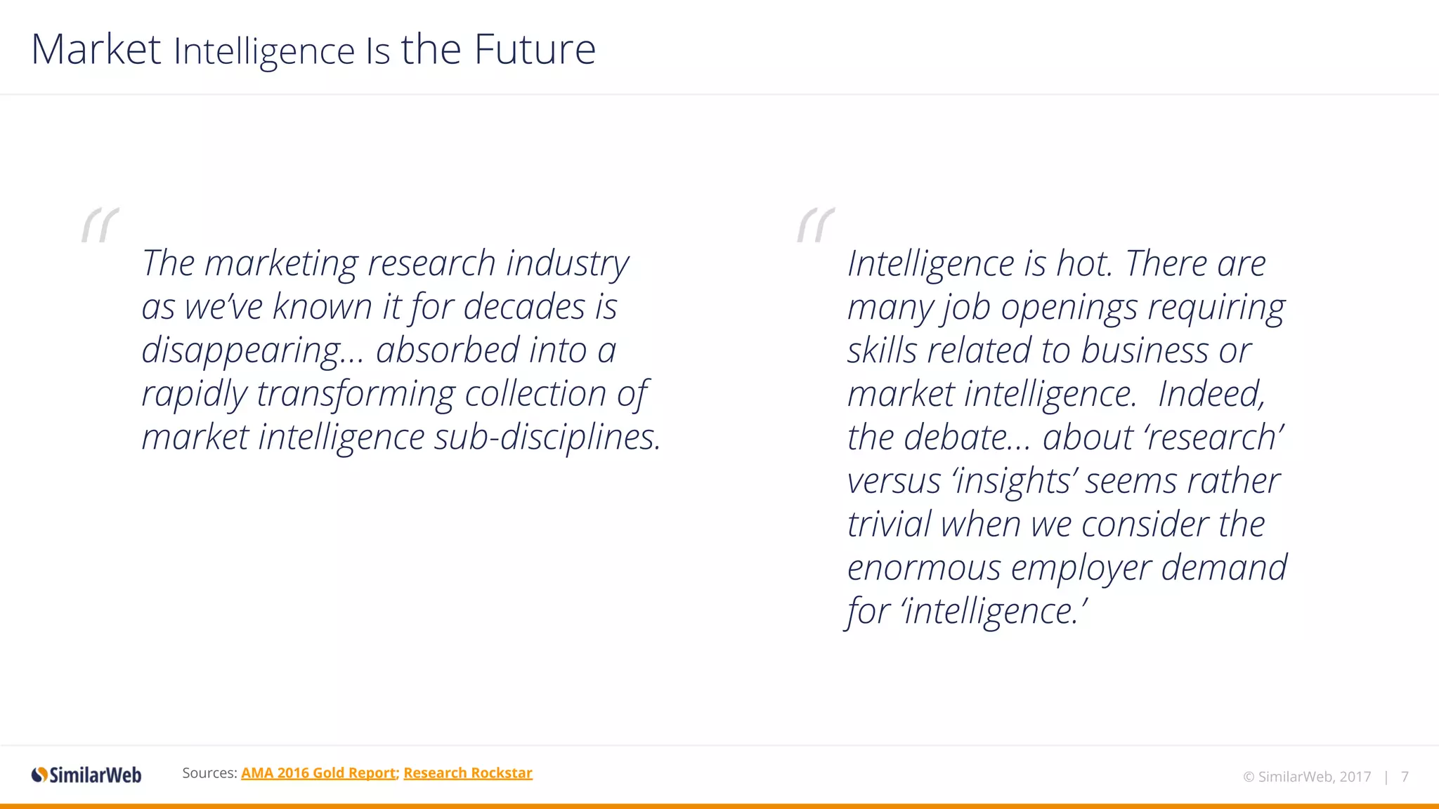 Sources: AMA 2016 Gold Report; Research Rockstar 
Market Intelligence Is the Future
“ The marketing research industry
as we’ve known it for decades is
disappearing… absorbed into a
rapidly transforming collection of
market intelligence sub-disciplines.
Intelligence is hot. There are
many job openings requiring
skills related to business or
market intelligence. Indeed,
the debate… about ‘research’
versus ‘insights’ seems rather
trivial when we consider the
enormous employer demand
for ‘intelligence.’
“
© SimilarWeb, 2017 | 7
 