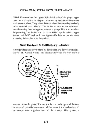 KNOW WHY, KNOW HOW, THEN WHAT?
173
"Think Different" on the upper right hand side of the page. Apple
does not embody the rebel spirit because they associated themselves
with known rebels. They chose known rebels because they embody
the same rebel spirit. The WHY came before the creative solution in
the advertising. Not a single ad showed a group. This is no accident.
Empowering the individual spirit is WHY Apple exists. Apple
knows their WHY and so do we. Agree with them or not, we know
what they believe because they tell us.
Speak Clearly and Ye Shall Be Clearly Understood
An organization is represented by the cone in the three-dimensional
view of The Golden Circle. This organized system sits atop another
system: the marketplace. The marketplace is made up of all the cus-
tomers and potential customers, all the press, the shareholders, all
the competition, suppliers and all the money. This system is
 
