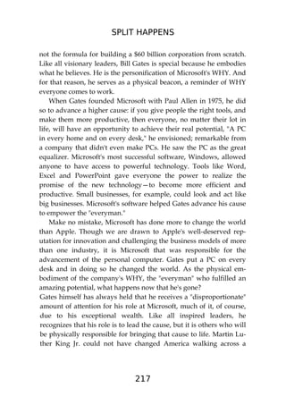 SPLIT HAPPENS
217
not the formula for building a $60 billion corporation from scratch.
Like all visionary leaders, Bill Gates is special because he embodies
what he believes. He is the personification of Microsoft's WHY. And
for that reason, he serves as a physical beacon, a reminder of WHY
everyone comes to work.
When Gates founded Microsoft with Paul Allen in 1975, he did
so to advance a higher cause: if you give people the right tools, and
make them more productive, then everyone, no matter their lot in
life, will have an opportunity to achieve their real potential, "A PC
in every home and on every desk," he envisioned; remarkable from
a company that didn't even make PCs. He saw the PC as the great
equalizer. Microsoft's most successful software, Windows, allowed
anyone to have access to powerful technology. Tools like Word,
Excel and PowerPoint gave everyone the power to realize the
promise of the new technology—to become more efficient and
productive. Small businesses, for example, could look and act like
big businesses. Microsoft's software helped Gates advance his cause
to empower the "everyman."
Make no mistake, Microsoft has done more to change the world
than Apple. Though we are drawn to Apple's well-deserved rep-
utation for innovation and challenging the business models of more
than one industry, it is Microsoft that was responsible for the
advancement of the personal computer. Gates put a PC on every
desk and in doing so he changed the world. As the physical em-
bodiment of the company's WHY, the "everyman" who fulfilled an
amazing potential, what happens now that he's gone?
Gates himself has always held that he receives a "disproportionate"
amount of attention for his role at Microsoft, much of it, of course,
due to his exceptional wealth. Like all inspired leaders, he
recognizes that his role is to lead the cause, but it is others who will
be physically responsible for bringing that cause to life. Martin Lu-
ther King Jr. could not have changed America walking across a
 