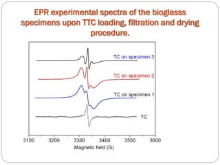 EPR experimental spectra of the bioglasssspecimens upon TTC loading, filtration and drying procedure.  