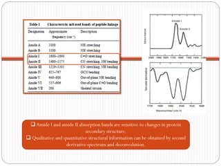Amide I and amide II absorption bands are sensitive to changes in protein secondary structure. 
Qualitative and quantitative structural information can be obtained by second derivative spectrum and deconvolution.  
