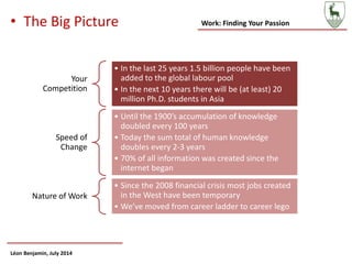 Work: Finding Your Passion
Léon Benjamin, July 2014
• The Big Picture
Your
Competition
• In the last 25 years 1.5 billion people have been
added to the global labour pool
• In the next 10 years there will be (at least) 20
million Ph.D. students in Asia
Speed of
Change
• Until the 1900’s accumulation of knowledge
doubled every 100 years
• Today the sum total of human knowledge
doubles every 2-3 years
• 70% of all information was created since the
internet began
Nature of Work
• Since the 2008 financial crisis most jobs created
in the West have been temporary
• We’ve moved from career ladder to career lego
 