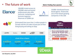 Work: Finding Your passion
Léon Benjamin, July 2014
100,000 instant access to
100,000 rated and tested
professionals who offer
technical, marketing and
business expertise
Revenues of $200m pa
10,000+ distributed home-
based agents. Historically
one of the fastest-growing
companies in the USA
(Estimated) that more than 1 million people in
Canada and the US make at least part of their
living buying and selling on Ebay
• The future of work
 