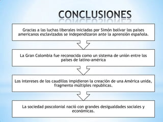 Gracias a las luchas liberales iniciadas por Simón bolívar los países
americanos esclavizados se independizaron ante la aprensión española.

La Gran Colombia fue reconocida como un sistema de unión entre los
países de latino-américa

Los intereses de los caudillos impidieron la creación de una América unida,
fragmento múltiples republicas.

La sociedad poscolonial nació con grandes desigualdades sociales y
económicas.

 