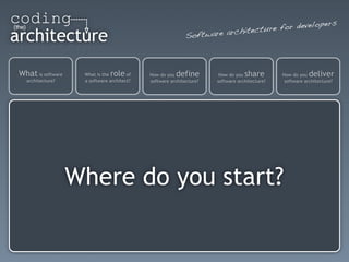 s
                                                                                 re for developer
                                                            Softwar e architectu



What is software    What is therole    of   How do you define         How do you share        How do you  deliver
  architecture?     a software architect?   software architecture?   software architecture?    software architecture?




                   Where do you start?
 