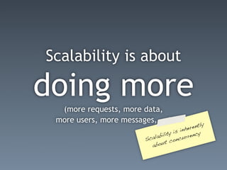 Scalability is about

doing more
  (more requests, more data,
 more users, more messages, ...)
                                               ently
                                         inher
                                  lity is rrency
                         Sc alabi      oncu
                                     c
                            ab out
 