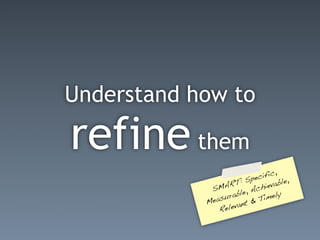 Understand how to

refine them
                              ific,
                         Spec          ,
                  RT:            vable
             SMA          A chie
                sur able,      imely
            Mea              T
                       nt &
               R eleva
 