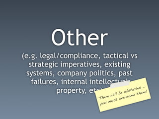 Other
(e.g. legal/compliance, tactical vs
   strategic imperatives, existing
  systems, company politics, past
    failures, internal intellectual
                                           s ...
                                      tacle
            property, etc) will be obs e them!
                                                m
                             T here       v erco
                                    u st o
                             yo u m
 