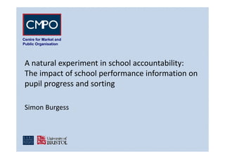 Centre for Market and
Public OrganisationPublic Organisation
A t l i t i h l t bilitA natural experiment in school accountability: 
The impact of school performance information on 
pupil progress and sorting
Simon Burgess
 