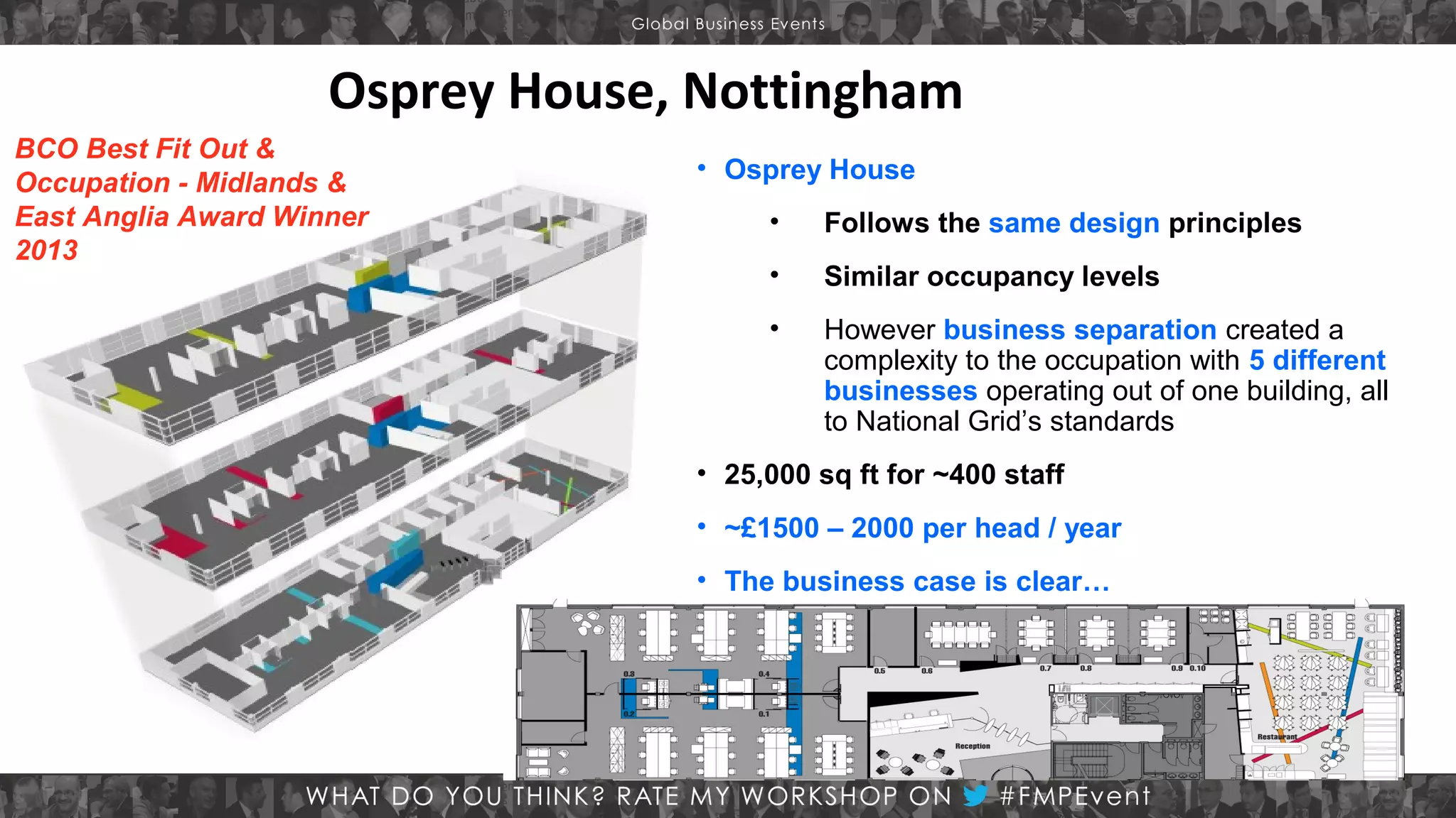 Osprey House, Nottingham
BCO Best Fit Out &
Occupation - Midlands &
East Anglia Award Winner
2013

• Osprey House
•

Follows the same design principles

•

Similar occupancy levels

•

However business separation created a
complexity to the occupation with 5 different
businesses operating out of one building, all
to National Grid’s standards

• 25,000 sq ft for ~400 staff
• ~£1500 – 2000 per head / year
• The business case is clear…

 