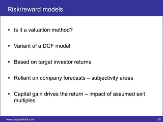 Risk/reward models


  Is it a valuation method?

  Variant of a DCF model

  Based on target investor returns

  Reliant on company forecasts – subjectivity areas

  Capital gain drives the return – impact of assumed exit
   multiples


www.burgisbullock.com                                        29
 