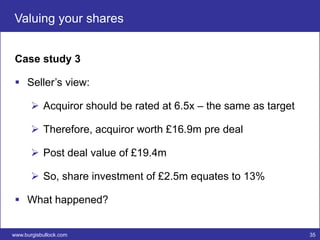 Valuing your shares


 Case study 3

  Seller’s view:

        Acquiror should be rated at 6.5x – the same as target

        Therefore, acquiror worth £16.9m pre deal

        Post deal value of £19.4m

        So, share investment of £2.5m equates to 13%

  What happened?


www.burgisbullock.com                                            35
 