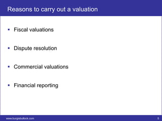 Reasons to carry out a valuation


  Fiscal valuations


  Dispute resolution


  Commercial valuations


  Financial reporting




www.burgisbullock.com              5
 
