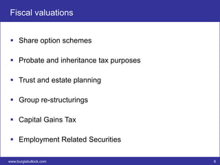 Fiscal valuations


  Share option schemes

  Probate and inheritance tax purposes

  Trust and estate planning

  Group re-structurings

  Capital Gains Tax

  Employment Related Securities

www.burgisbullock.com                     6
 