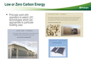 Low or Zero Carbon Energy 15% Roof Lights Air Tight Construction ProLogis work with operators to select LZC technologies which are appropriate to particular building uses 