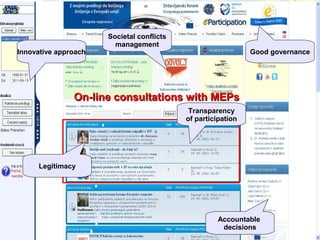 Societal conflicts
                        management
Innovative approach                                           Good governance




               On-line consultations with MEPs
                                            Transparency
                                           of participation




     Legitimacy




                                                     Accountable
                                                      decisions
 