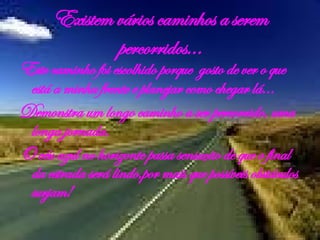 Existem vários caminhos a serem percorridos... Este   caminho foi escolhido porque  gosto de ver o que está a minha frente e planejar como chegar lá... Demonstra um longo caminho a ser percorrido, uma longa jornada. O céu azul no horizonte passa sensação de que o final da estrada será lindo,por mais que possíveis obstáculos surjam! 