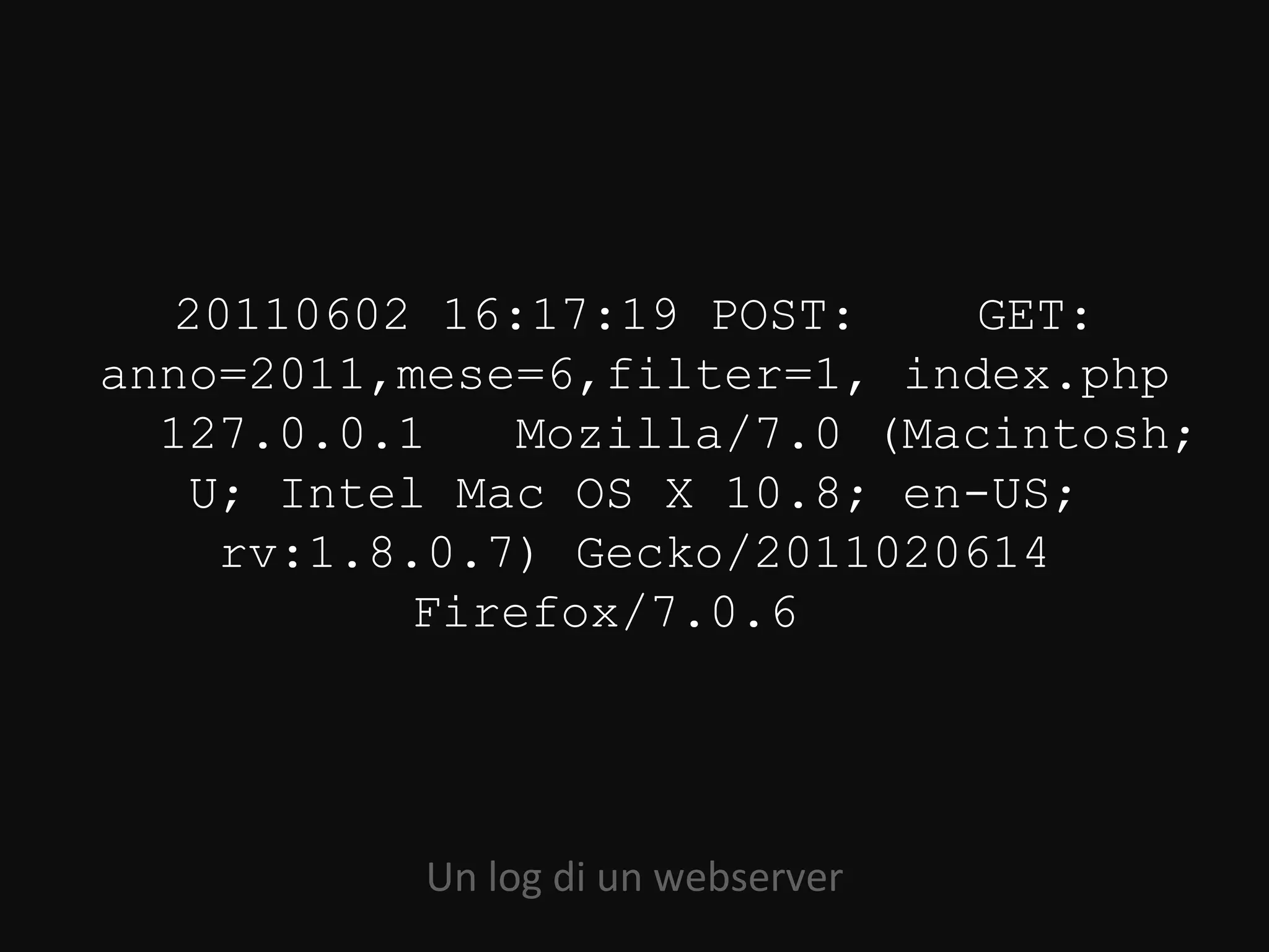 20110602 16:17:19 POST:      GET:
anno=2011,mese=6,filter=1, index.php
  127.0.0.1     Mozilla/7.0 (Macintosh;
    U; Intel Mac OS X 10.8; en-US;
     rv:1.8.0.7) Gecko/2011020614
            Firefox/7.0.6




           Un log di un webserver
 