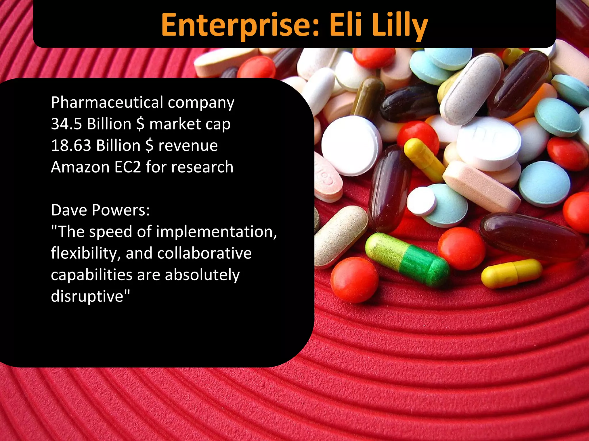 Enterprise: Eli Lilly Pharmaceutical company 34.5 Billion $ market cap 18.63 Billion $ revenue Amazon EC2 for research Dave Powers: "The speed of implementation, flexibility, and collaborative capabilities are absolutely disruptive" 