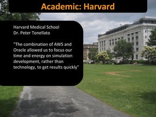Academic: Harvard Harvard Medical School Dr. Peter Tonellato "The combination of AWS and Oracle allowed us to focus our time and energy on simulation development, rather than technology, to get results quickly" 