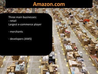 Amazon.com Three main businesses: - retail Largest e-commerce player - merchants - developers (AWS) 