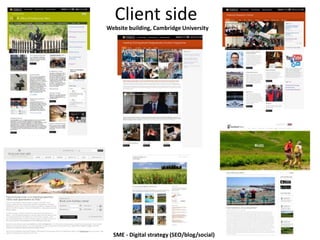 Client side
Website building, Cambridge University
SME - Digital strategy (SEO/blog/social)
 