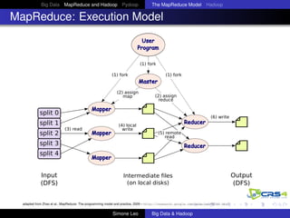 Big Data MapReduce and Hadoop Pydoop The MapReduce Model Hadoop
MapReduce: Execution Model
Mapper
Reducer
split 0
split 1
split 4
split 3
split 2
User
Program
Master
Input
(DFS)
Intermediate files
(on local disks)
Output
(DFS)
(1) fork
(2) assign
map (2) assign
reduce
(1) fork
(1) fork
(3) read
(4) local
write
(5) remote
read
(6) write
Mapper
Mapper
Reducer
adapted from Zhao et al., MapReduce: The programming model and practice, 2009 – http://research.google.com/pubs/pub36249.html
Simone Leo Big Data & Hadoop
 
