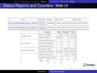 Big Data MapReduce and Hadoop Pydoop Motivation Architecture Usage
Status Reports and Counters: Web UI
Simone Leo Big Data & Hadoop
 