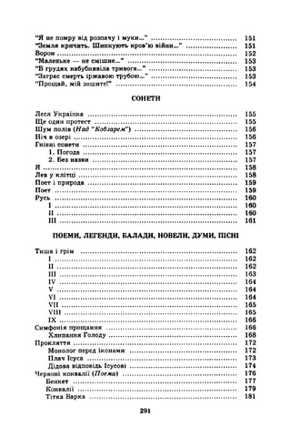 “Я не помру від розпачу і муки...” .................................................... 151 
“Земля кричить. Шинкують кров’ю війни...” .............................. 151 
Ворон............................................................................................................. І 52 
“Маленьке — не смішне...” .................................................................. 153 
“В грудях набубнявіла тривога...” ..................................................... 153 
“Заграє смерть іржавою трубою...” .................................................... 153 
“Прощай, мій зошите!” ........................................................................ 154 
СОНЕТИ 
Леся Українка .......................................................................................... 155 
Ще один протест ...................................................................................... 155 
Шум полів (Над "Кобзарем”) .............................................................. 156 
Ніч в озері ................................................................................................... 156 
Гнівні сонети ............................................................................................. 157 
1. Погода ............................................................................................. 157 
2. Без назви ........................................................................................ 157 
Я ...................................................................................................................... 158 
Лев у клітці ................................................................................................ 15В 
Поет і природа .......................................................................................... 159 
Поет .............................................................................................................. 159 
Русь ............................................................................................................... 160 
І ............................................................................................................... 160 
II ............................................................................................................. 160 
III ............................................................................................................ 161 
ПОЕМИ, ЛЕГЕНДИ, БАЛАДИ, НОВЕЛИ, ДУМИ, ШСНІ 
Тиша і грім ............................................................................................... 162 
І 162 
II ............................................................................................................. 162 
III ............................................................................................................ 163 
IV ............................................................................................................ 164 
V ............................................................................................................. 164 
VI ............................................................................................................ 164 
VII .......................................................................................................... 165 
VIII ......................................................................................................... 165 
IX ........................................................................................................... 166 
Симфонія прощання ............................................................................... 166 
Хлипання Голоду.............................................................................. 168 
Прокляття ................................................................................................... 172 
Монолог перед іконами ................................................................. 172 
Плач Ісуса .......................................................................................... 173 
Дідова відповідь Ісусові ................................................................. 174 
Червоні конвалії (Поема) ..................................................................... 176 
Бенкет ................................................................................................... 177 
Конвалії ................................................................................................ 179 
Тітка Варка ......................................................................................... 181 
 