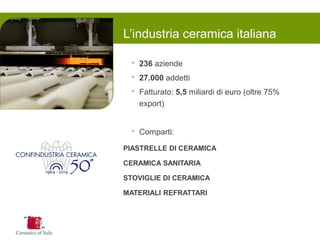 L’industria ceramica italiana 
•236 aziende 
•27.000 addetti 
•Fatturato: 5,5 miliardi di euro (oltre 75% export) 
•Comparti: 
PIASTRELLE DI CERAMICA 
CERAMICA SANITARIA 
STOVIGLIE DI CERAMICA 
MATERIALI REFRATTARI  