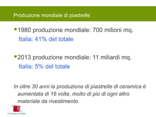 Produzione mondiale di piastrelle 
1980 produzione mondiale: 700 milioni mq. 
Italia: 41% del totale 
2013 produzione mondiale: 11 miliardi mq. 
Italia: 5% del totale 
In oltre 30 anni la produzione di piastrelle di ceramica è aumentata di 16 volte, molto di più di ogni altro materiale da rivestimento  