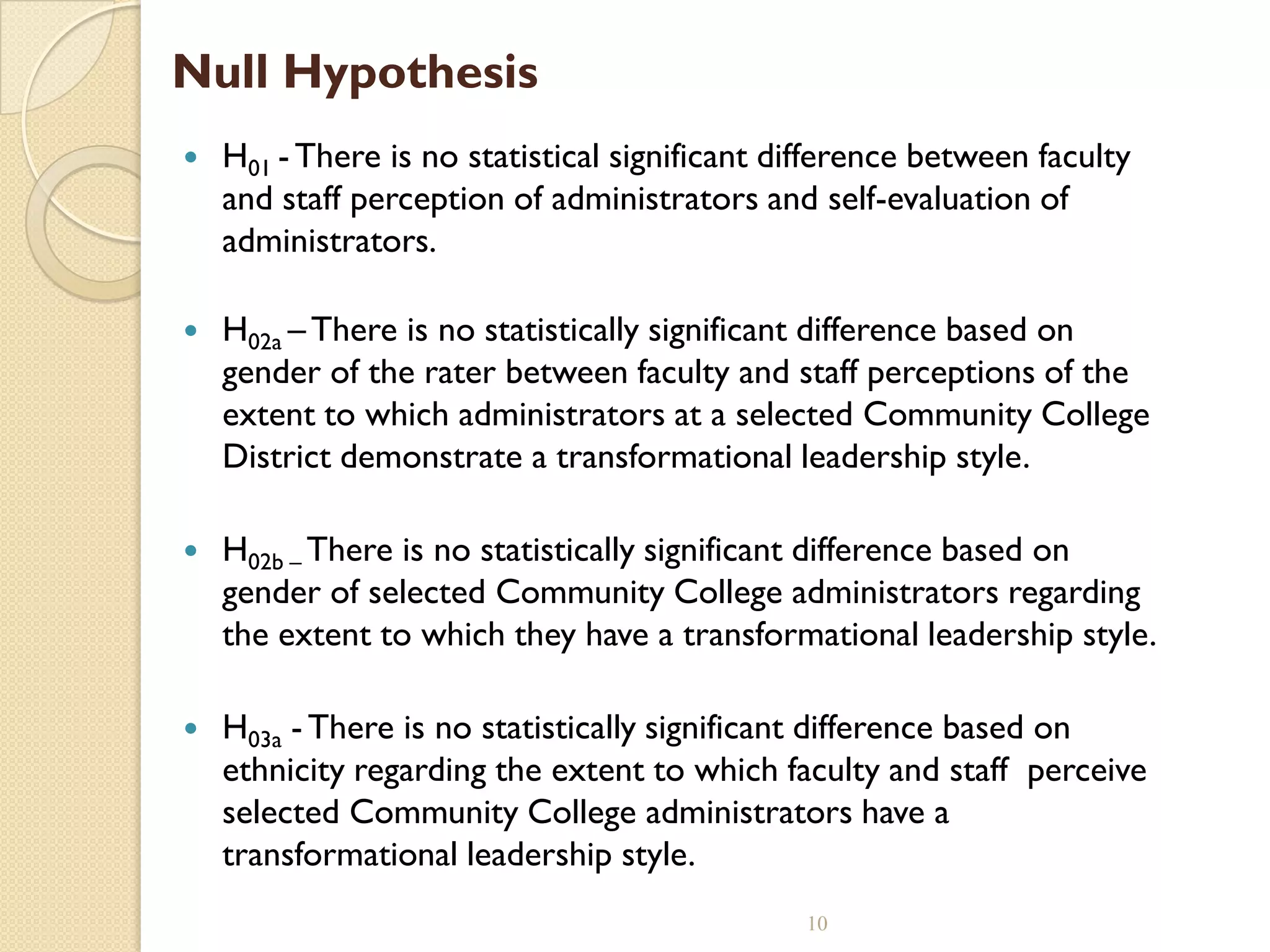 Null Hypothesis
 H01 - There is no statistical significant difference between faculty
and staff perception of administrators and self-evaluation of
administrators.
 H02a – There is no statistically significant difference based on
gender of the rater between faculty and staff perceptions of the
extent to which administrators at a selected Community College
District demonstrate a transformational leadership style.
 H02b – There is no statistically significant difference based on
gender of selected Community College administrators regarding
the extent to which they have a transformational leadership style.
 H03a - There is no statistically significant difference based on
ethnicity regarding the extent to which faculty and staff perceive
selected Community College administrators have a
transformational leadership style.
10
 