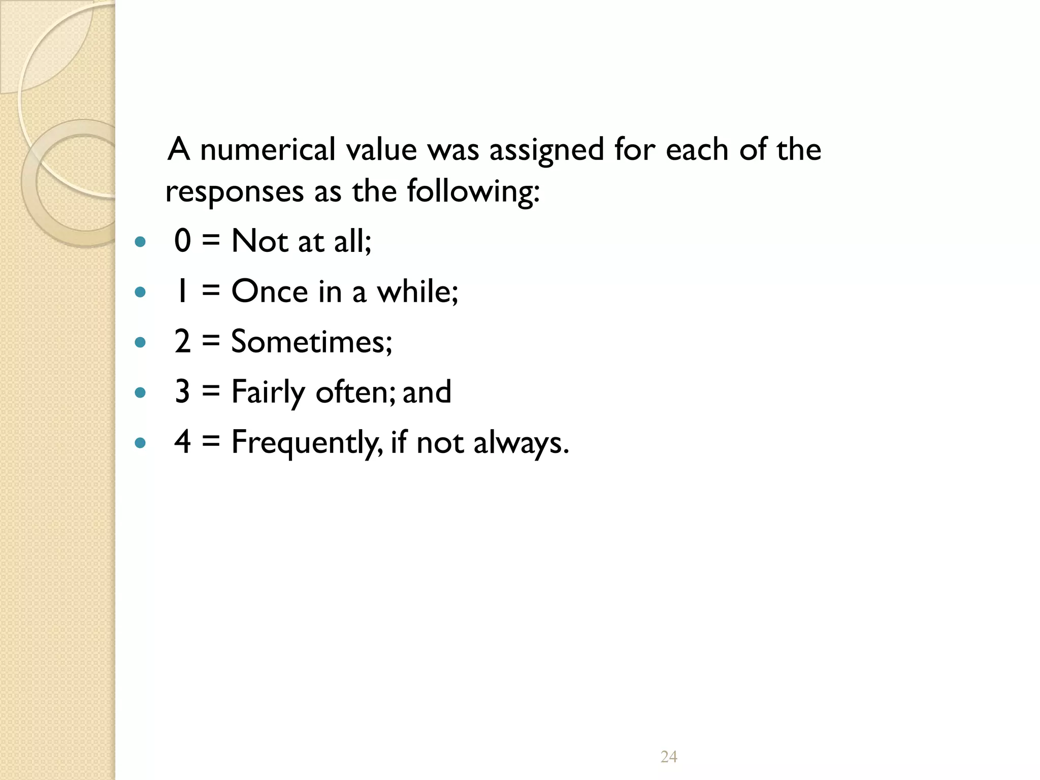 A numerical value was assigned for each of the
responses as the following:
 0 = Not at all;
 1 = Once in a while;
 2 = Sometimes;
 3 = Fairly often; and
 4 = Frequently, if not always.
24
 