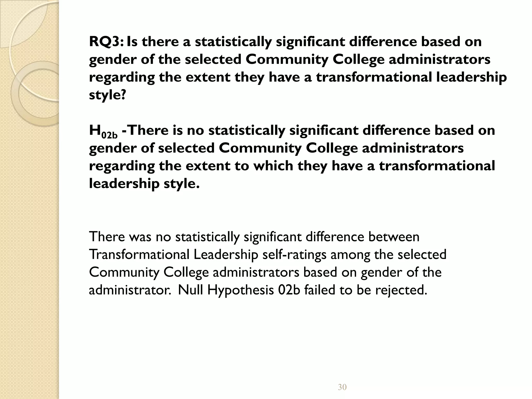 RQ3: Is there a statistically significant difference based on
gender of the selected Community College administrators
regarding the extent they have a transformational leadership
style?
H02b -There is no statistically significant difference based on
gender of selected Community College administrators
regarding the extent to which they have a transformational
leadership style.
There was no statistically significant difference between
Transformational Leadership self-ratings among the selected
Community College administrators based on gender of the
administrator. Null Hypothesis 02b failed to be rejected.
30
 