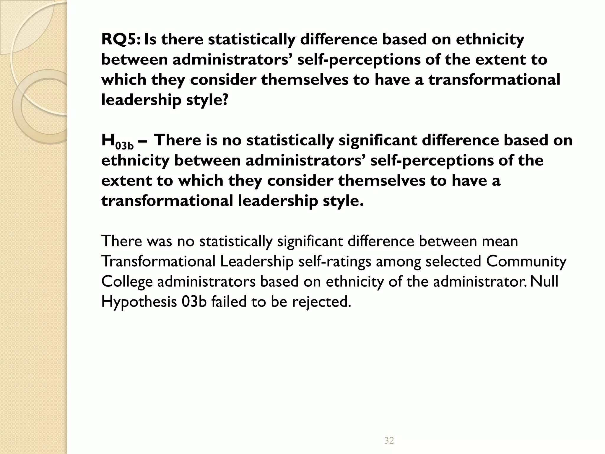 RQ5: Is there statistically difference based on ethnicity
between administrators’ self-perceptions of the extent to
which they consider themselves to have a transformational
leadership style?
H03b – There is no statistically significant difference based on
ethnicity between administrators’ self-perceptions of the
extent to which they consider themselves to have a
transformational leadership style.
There was no statistically significant difference between mean
Transformational Leadership self-ratings among selected Community
College administrators based on ethnicity of the administrator.Null
Hypothesis 03b failed to be rejected.
32
 