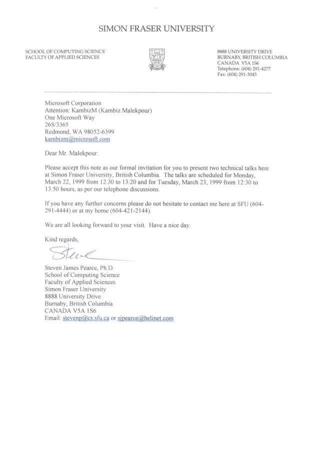Simon Fraser University invitation letter to speak