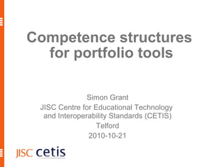 Competence structures
for portfolio tools
Simon Grant
JISC Centre for Educational Technology
and Interoperability Standards (CETIS)
Telford
2010-10-21
 