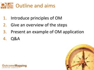 Outline and aims Introduce principles of OM Give an overview of the steps Present an example of OM application Q&A 
