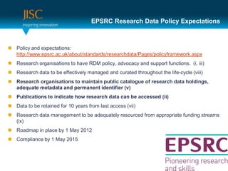 EPSRC Research Data Policy Expectations



 Policy and expectations:
  http://www.epsrc.ac.uk/about/standards/researchdata/Pages/policyframework.aspx
 Research organisations to have RDM policy, advocacy and support functions. (i, iii)
 Research data to be effectively managed and curated throughout the life-cycle (viii)
 Research organisations to maintain public catalogue of research data holdings,
  adequate metadata and permanent identifier (v)
 Publications to indicate how research data can be accessed (ii)
 Data to be retained for 10 years from last access (vii)
 Research data management to be adequately resourced from appropriate funding streams
  (ix)
 Roadmap in place by 1 May 2012
 Compliance by 1 May 2015
 