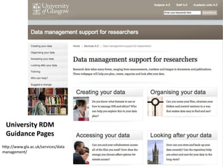 University RDM
  Guidance Pages
http://www.gla.ac.uk/services/data
management/
 
