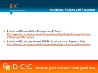 Institutional Policies and Roadmaps




 Institutional Research Data Management Policies:
  http://www.dcc.ac.uk/resources/policy-and-legal/institutional-data-policies/uk-
  institutional-data-policies
 Institutional Roadmaps to meet EPSRC Expectations on Research Data:
  http://www.dcc.ac.uk/resources/policy-and-legal/epsrc-institutional-roadmaps
 