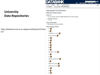 University
    Data Repositories


https://databank.ouls.ox.ac.uk/general/datasets/Tick1AudioCor
pus
 