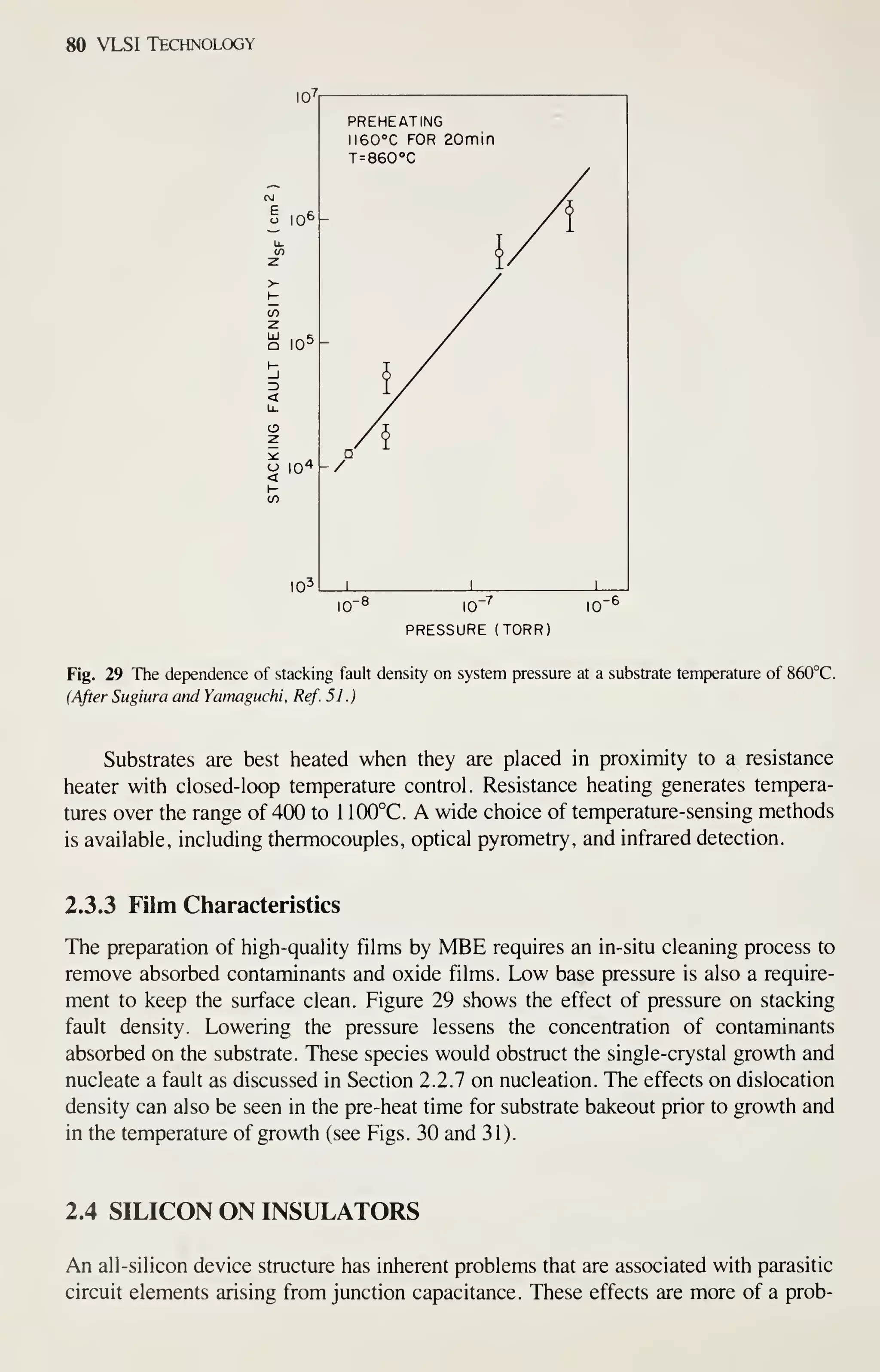 80 VLSI Technology
I I05
<
PREHEATING
II60°C FOR 20min
T=860''C
10"° 10"' 10 °
PRESSURE (TORR)
Fig. 29 The dependence of stacking fault density on system pressure at a substrate temp)erature of 860°C.
(After Sugiura and Yamaguchi. Ref. 51 .)
Substrates are best heated when they are placed in proximity to a resistance
heater with closed-loop temperature control. Resistance heating generates tempera-
tures over the range of 400 to 1 100°C. A wide choice of temperature-sensing methods
is available, including thermocouples, optical pyrometry, and infrared detection.
2.3.3 Film Characteristics
The preparation of high-quality films by MBE requires an in-situ cleaning process to
remove absorbed contaminants and oxide films. Low base pressure is also a require-
ment to keep the surface clean. Figure 29 shows the effect of pressure on stacking
fault density. Lowering the pressure lessens the concentration of contaminants
absorbed on the substrate. These species would obstruct the single-crystal growth and
nucleate a fault as discussed in Section 2.2.7 on nucleation. The effects on dislocation
density can also be seen in the pre-heat time for substrate bakeout prior to growth and
in the temperature of growth (see Figs. 30 and 31).
2.4 SILICON ON INSULATORS
An all-silicon device structure has inherent problems that are associated with parasitic
circuit elements arising from junction capacitance. These effects are more of a prob-
 