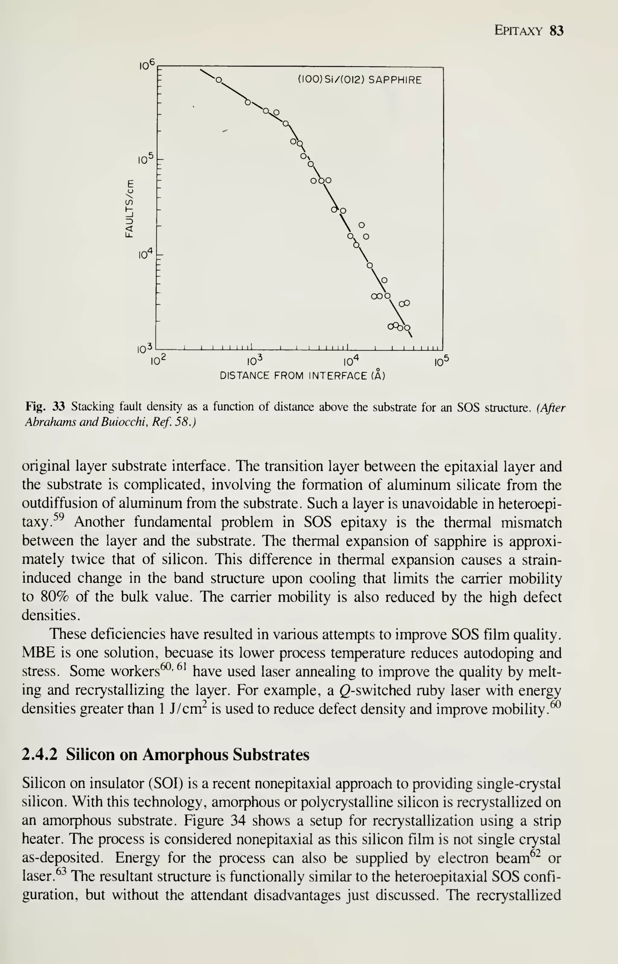 Epitaxy 83
IW
: ^o^ (100) Si/(0I2) SAPPHIRE
;
^-
°^a
-

10^ - Ox
o
:

-
oop
-
V
-
°
10''
^ 
- o
I

"
ooq
-

io3 1 1 1 1 1 1 1 1
1
1 1 1—1 Mill 1 1 1
1 1 1 1 1
10- 10'
DISTANCE FROM INTERFACE (A)
Fig. 33 Stacking fault density as a function of distance above the substrate for an SOS structure. (After
Abrahams atidBuiocchi. Ref. 58.)
original layer substrate interface. The transition layer between the epitaxial layer and
the substrate is complicated, involving the formation of aluminum silicate from the
outdiffusion of aluminum from the substrate. Such a layer is unavoidable in heteroepi-
taxy.^^ Another fundamental problem in SOS epitaxy is the thermal mismatch
between the layer and the substrate. The thermal expansion of sapphire is approxi-
mately twice that of silicon. This difference in thermal expansion causes a strain-
induced change in the band structure upon cooling that limits the carrier mobility
to 80% of the bulk value. The carrier mobility is also reduced by the high defect
densities.
These deficiencies have resulted in various attempts to improve SOS film quality.
MBE is one solution, becuase its lower process temperature reduces autodoping and
stress. Some workers^' ^'
have used laser annealing to improve the quality by melt-
ing and recrystallizing the layer. For example, a Q-switched ruby laser with energy
densities greater than 1 J/cm^ is used to reduce defect density and improve mobility.^
2.4.2 Silicon on Amorphous Substrates
Silicon on insulator (SOI) is a recent nonepitaxial approach to providing single-crystal
silicon. With this technology, amorphous or polycrystalline silicon is recrystallized on
an amorphous substrate. Figure 34 shows a setup for recrystallization using a strip
heater. The process is considered nonepitaxial as this silicon film is not single crystal
as-deposited. Energy for the process can also be supplied by electron beam^^ or
laser. ^^ The resultant structure is functionally similar to the heteroepitaxial SOS confi-
guration, but without the attendant disadvantages just discussed. The recrystallized
 