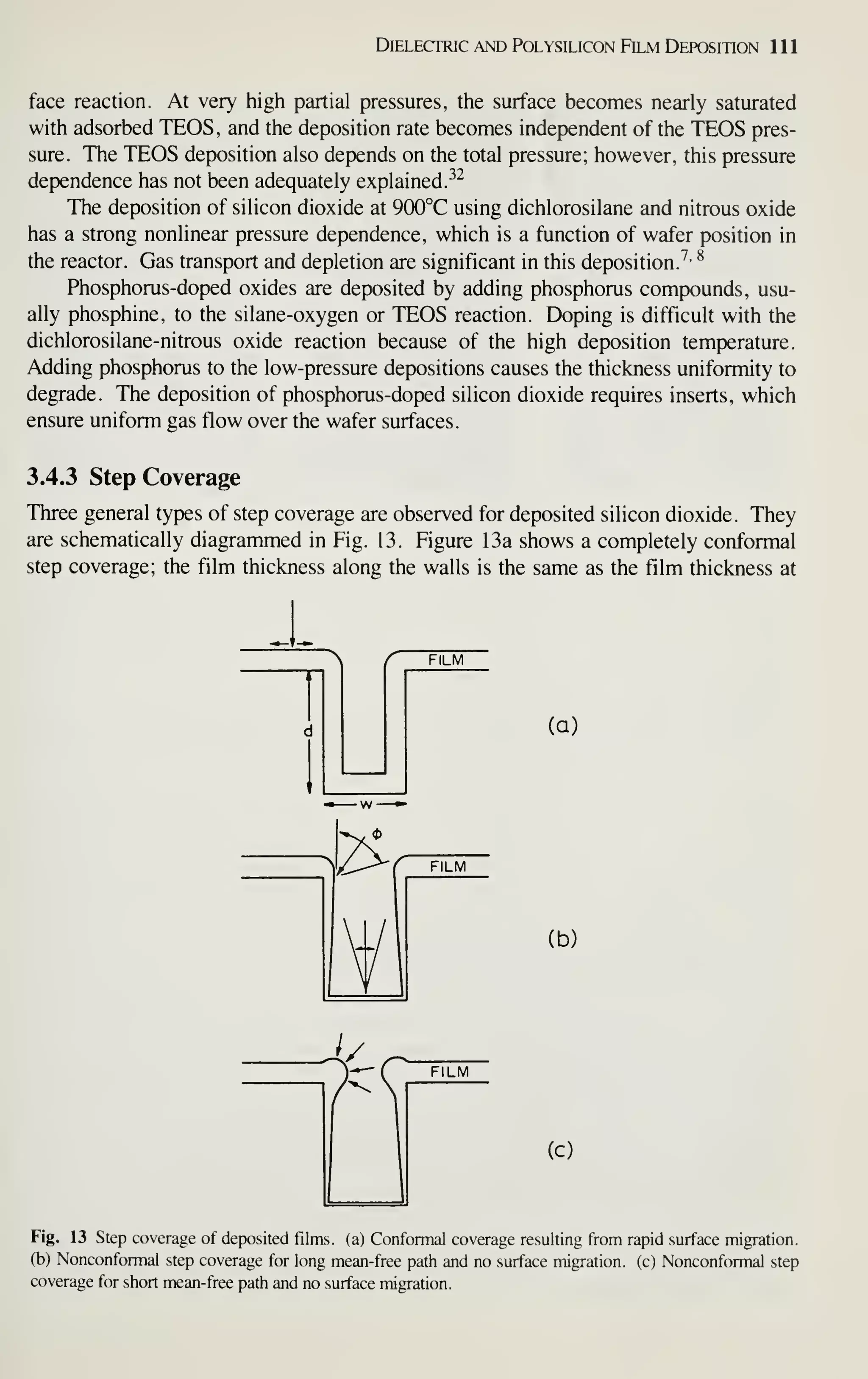 Dielectric and Polysilicon Film Deposition 111
face reaction. At very high partial pressures, the surface becomes nearly saturated
with adsorbed TEOS, and the deposition rate becomes independent of the TEOS pres-
sure. The TEOS deposition also depends on the total pressure; however, this pressure
dependence has not been adequately explained.
-^^
The deposition of silicon dioxide at 900°C using dichlorosilane and nitrous oxide
has a strong nonlinear pressure dependence, which is a function of wafer position in
the reactor. Gas transport and depletion are significant in this deposition.^
^
Phosphorus-doped oxides are deposited by adding phosphorus compounds, usu-
ally phosphine, to the silane-oxygen or TEOS reaction. Doping is difficult with the
dichlorosilane-nitrous oxide reaction because of the high deposition temperature.
Adding phosphorus to the low-pressure depositions causes the thickness uniformity to
degrade. The deposition of phosphorus-doped silicon dioxide requires inserts, which
ensure uniform gas flow over the wafer surfaces.
3.4.3 Step Coverage
Three general types of step coverage are observed for deposited silicon dioxide. They
are schematically diagrammed in Fig. 13. Figure 13a shows a completely conformal
step coverage; the film thickness along the walls is the same as the film thickness at
(a)
(b)
(c)
Fig. 13 Step coverage of deposited films, (a) Conformal coverage resulting from rapid surface migration,
(b) Nonconformal step coverage for long mean-free path and no surface migration, (c) Nonconformal step
coverage for short mean-free path and no surface migration.
 
