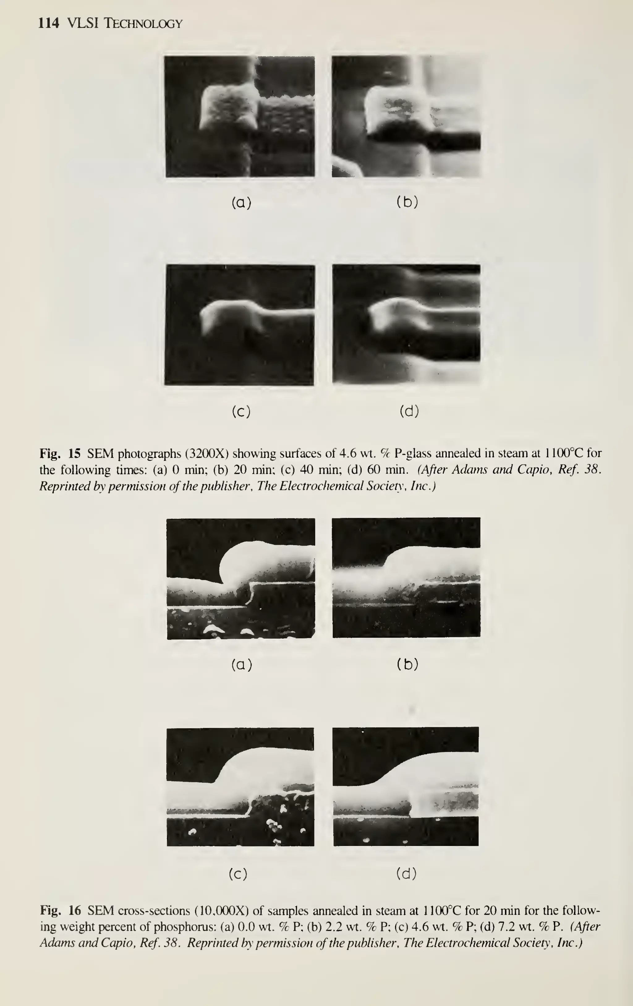 114 VLSI Technology
(a) (b)
(c) (d)
Fig. 15 SEM photographs (32(X)X) showing surfaces of 4.6 wt. % P-glass annealed in steam at 1 100°C for
the following times: (a) min; (b) 20 min; (c) 40 min; (d) 60 min. (After Adams and Capio. Ref. 38.
Reprinted by permission of the publisher, The Electrochemical Society. Inc.)
(a) (b)
(c) (d)
Fig. 16 SEM cross-sections (10,000X) of samples annealed in steam at 1 100°C for 20 min for the follow-
ing weight percent of phosphorus: (a) 0.0 wt. % P; (b) 2.2 wt. % P; (c) 4.6 wt. % P; (d) 7.2 wt. % P. (After
Adams and Capio, Ref. 38. Reprinted by permission of the publisher. The Electrochemical Society, Inc.)
 